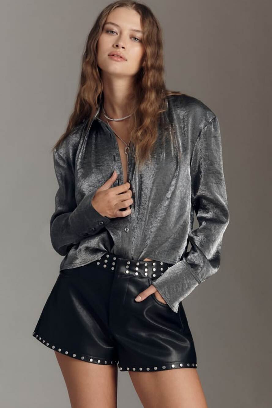 Anthropologie Pilcro Liquid Shine Flowing Oversized Buttondown Cropped Blouse